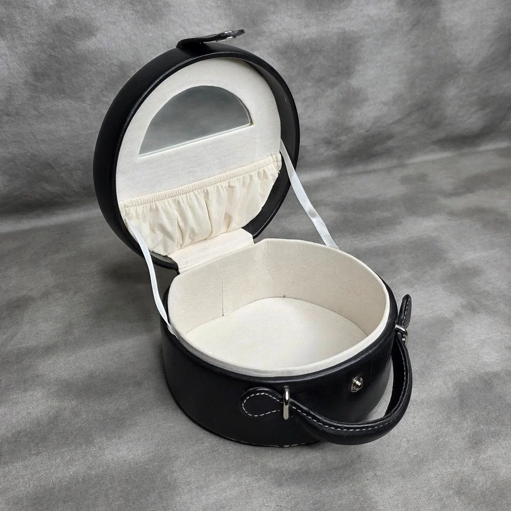 Vanity Jewelry Case Houndstooth Inset‎ & Black Leather Inside Mirror w/Pocket